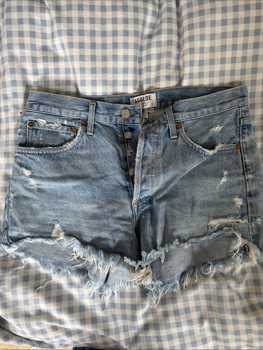 Agolde Light Blue Distressed Cutoff Denim Shorts